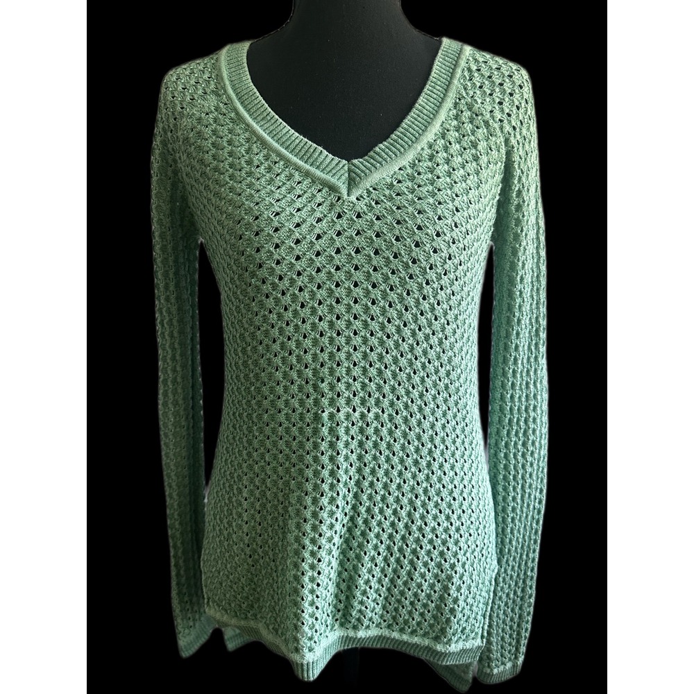 BCBGMAXAZRIA‎ Kent Dusty Jade Green Cotton Silk Open Knit V-Neck Sweater XS